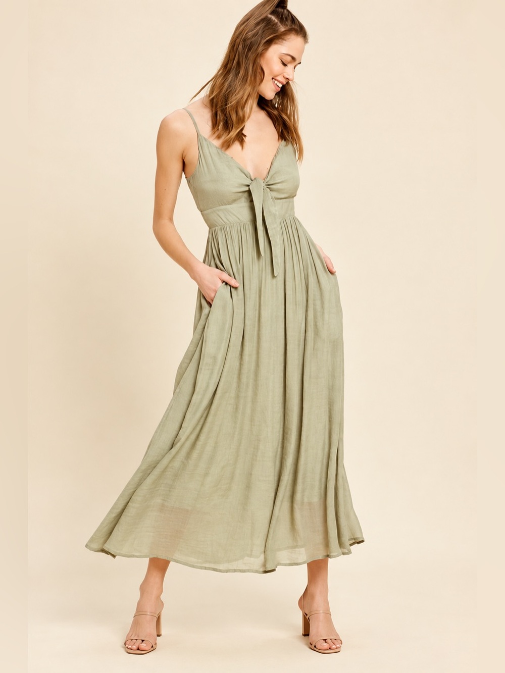 Vici Listicle Sage Green Tie-Front Maxi Dress